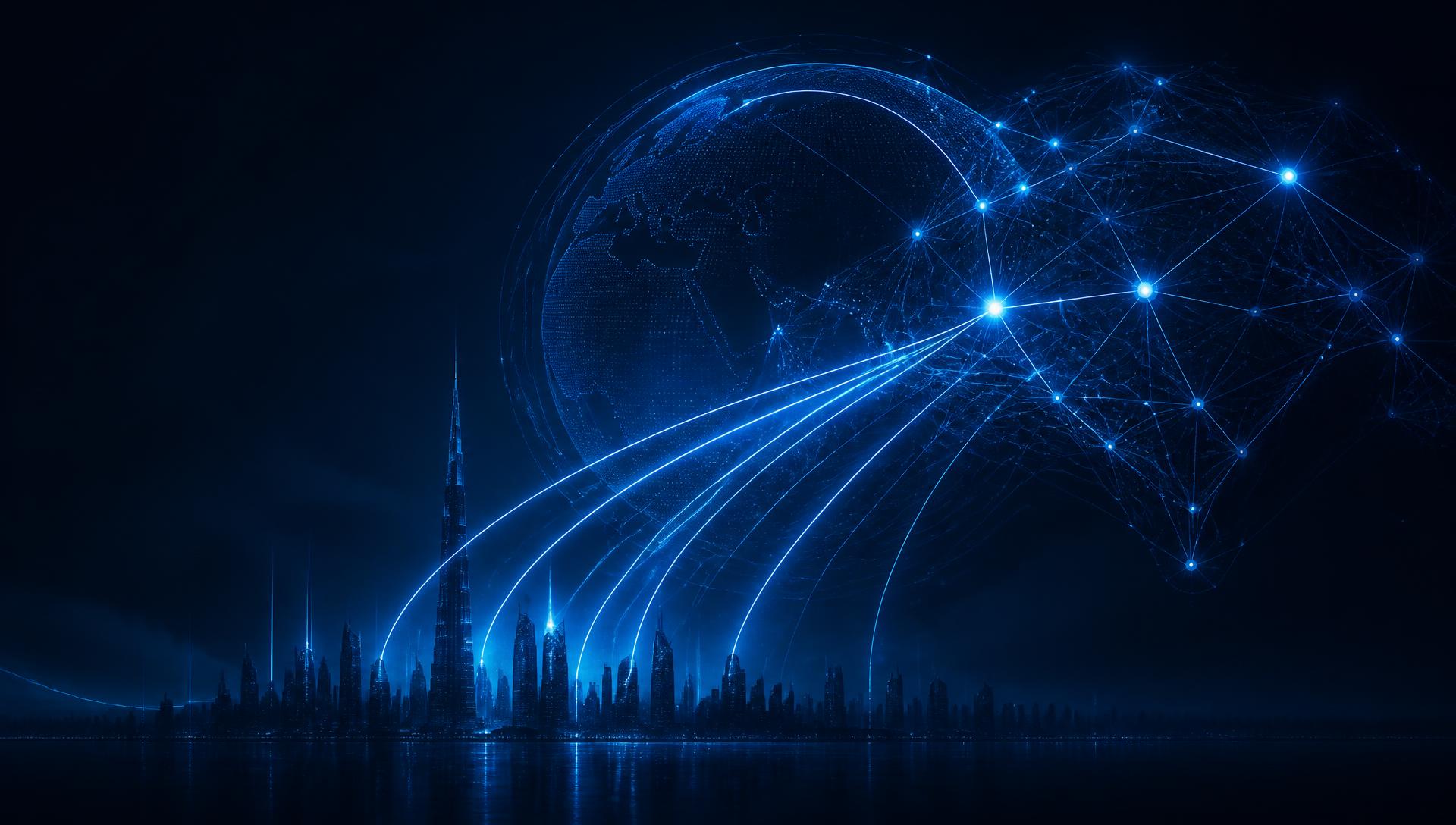 Neural network of light beams over a digital globe and the Dubai skyline